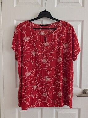 Allen Solly Red Floral Short-Sleeve Blouse 100% Viscose Boho Chic Feminine -XXL
